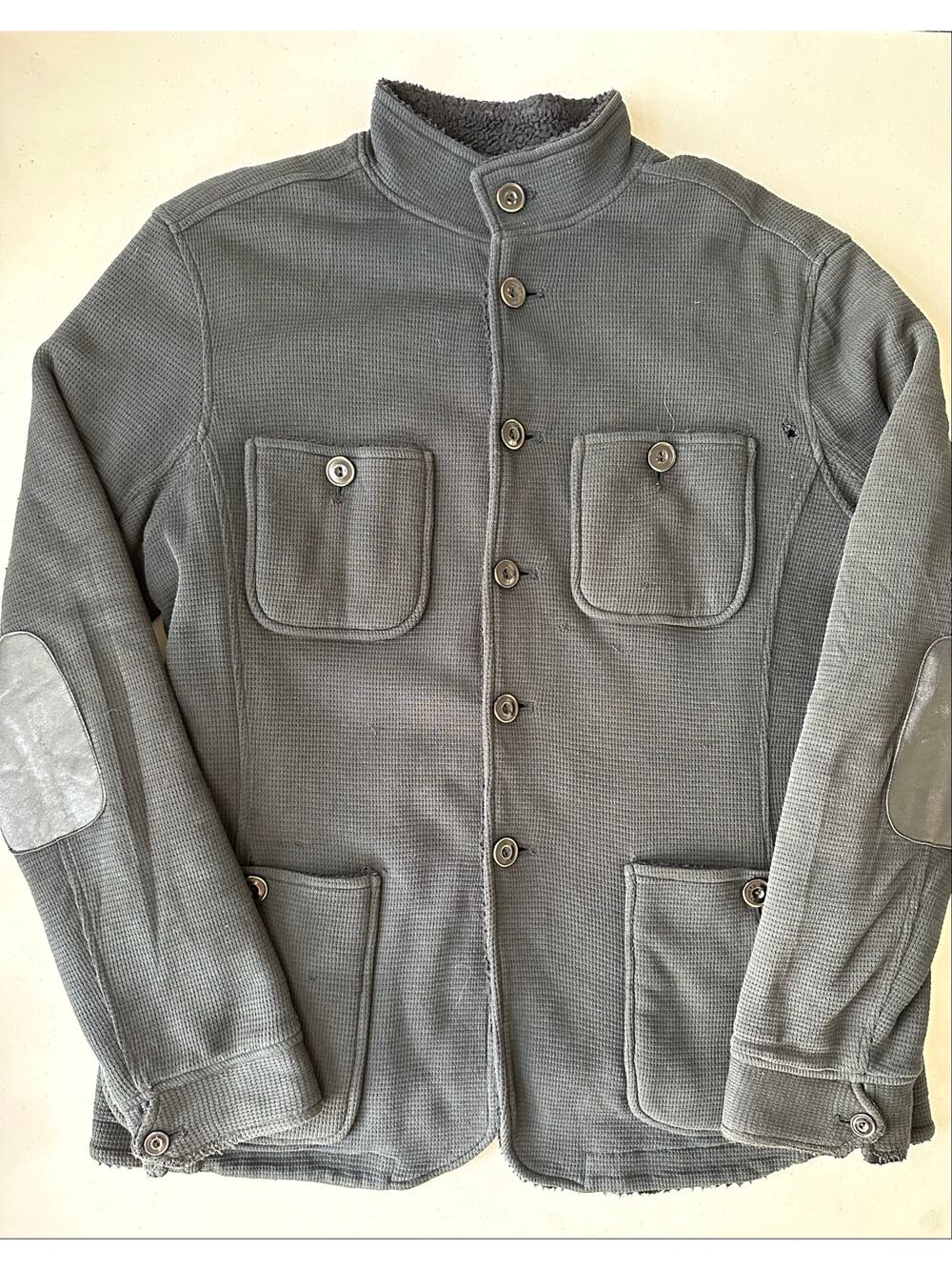 John Varvatos Star USA Men M Black Waffle Knit Sherpa Fleece Lined Chore Jacket